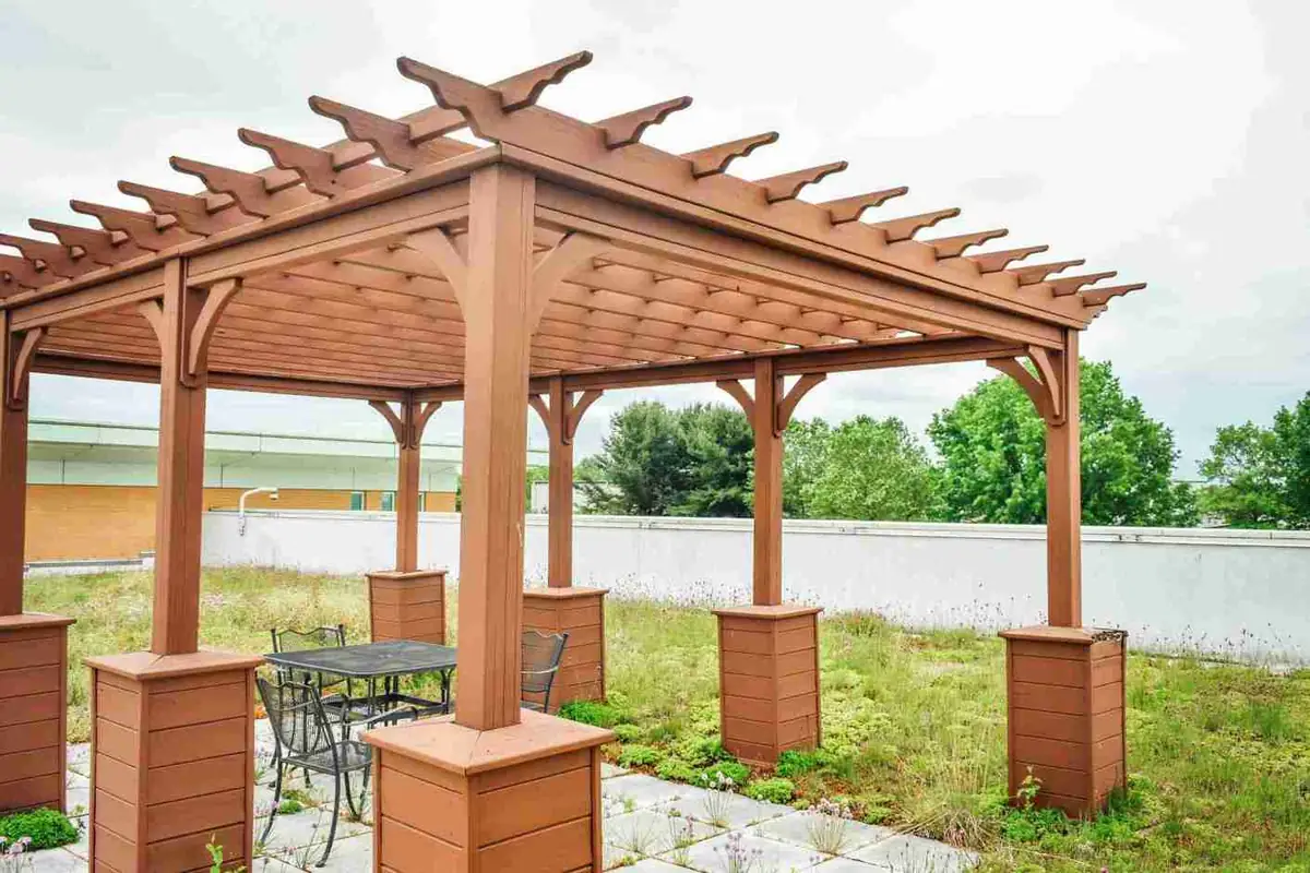 Timber frame pergola with outdoor dining