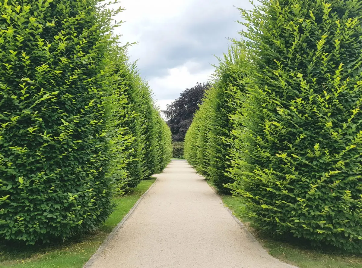 Manicured hedge-lined pathway