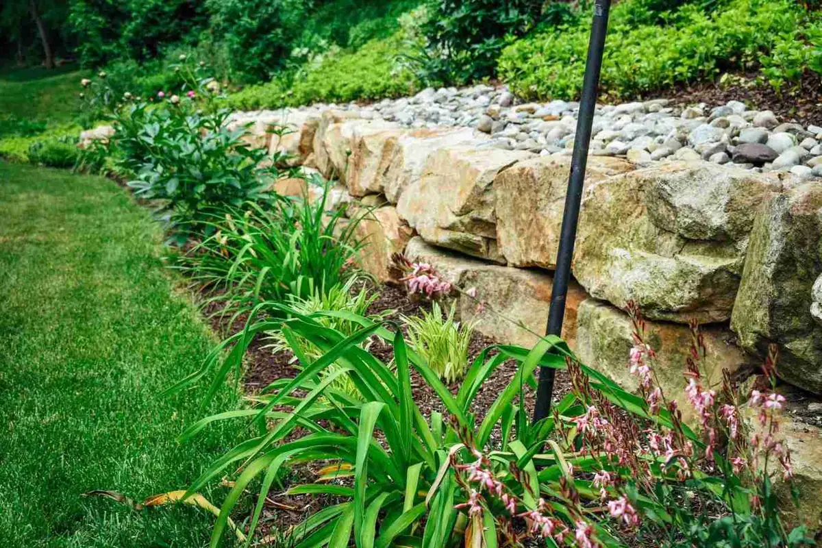 Boulder retaining wall with perennials