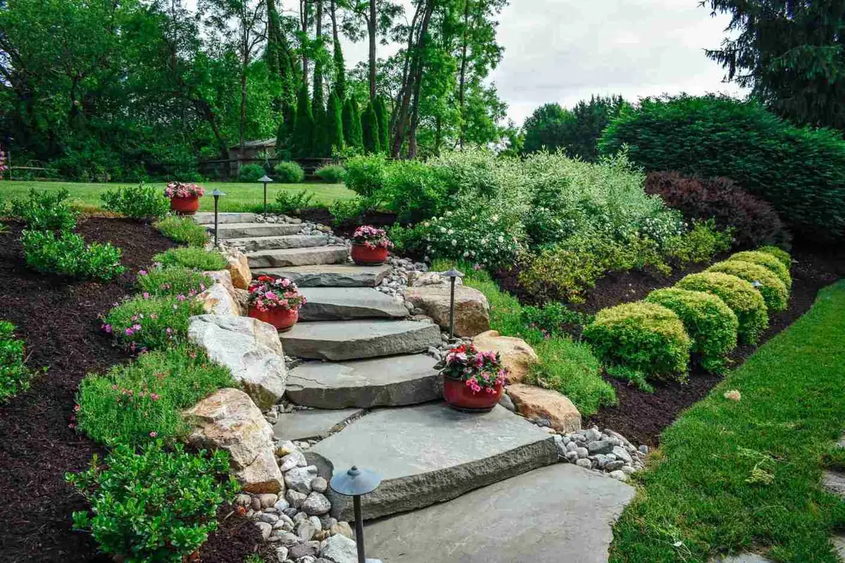 Stone steps with landscaped hillside