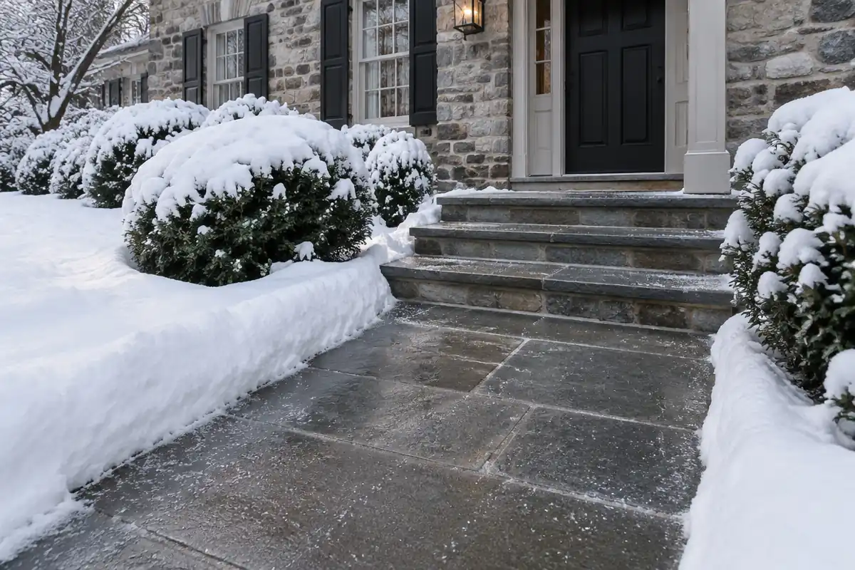 Cleared and de-iced bluestone steps and walkway at a stone home
