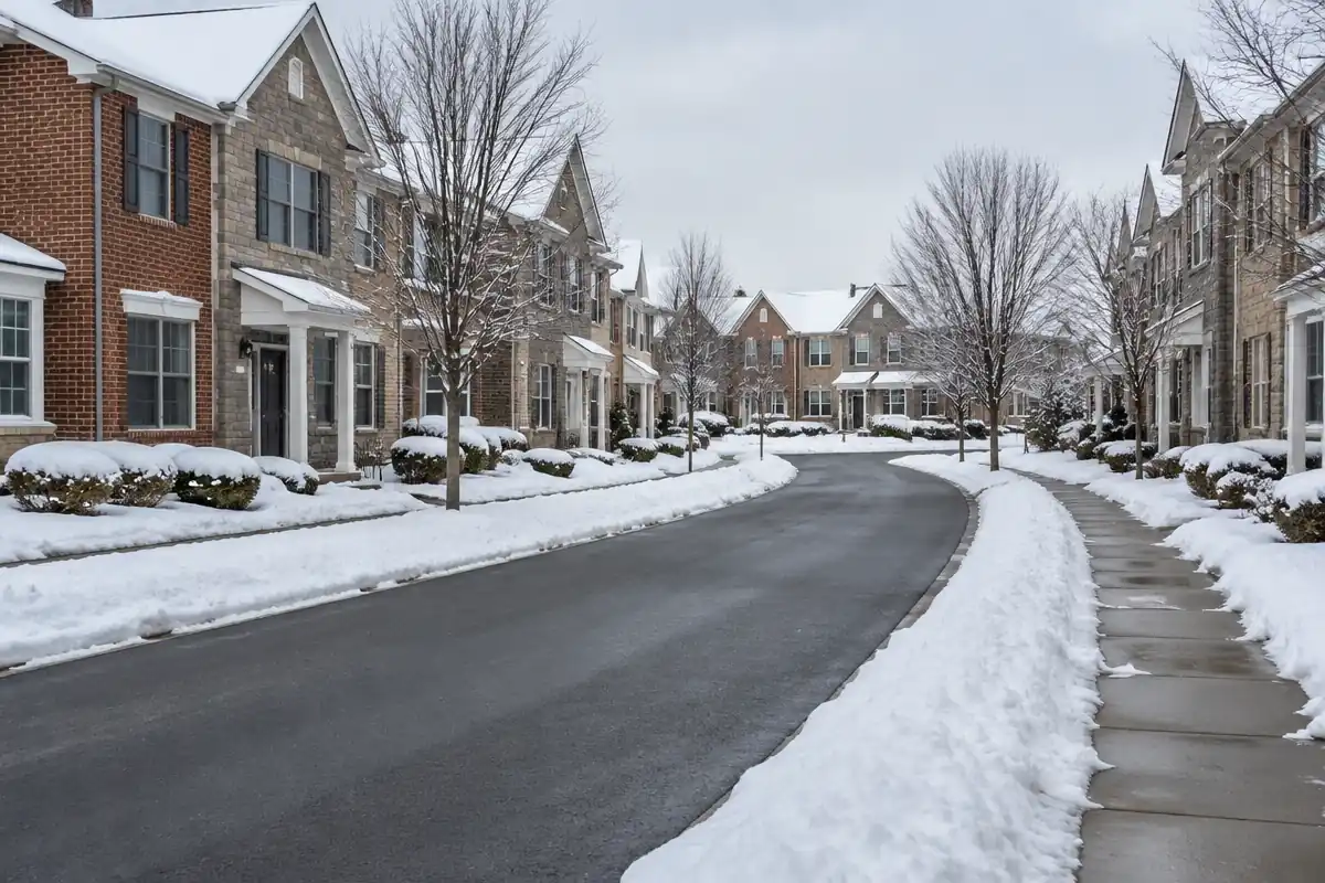 Cleared street and sidewalks in a townhome community after snowfall