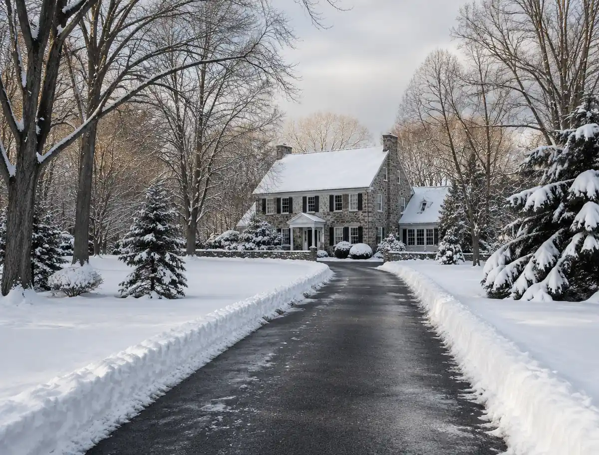 Plowed and salted driveway leading to a fieldstone farmhouse in winter
